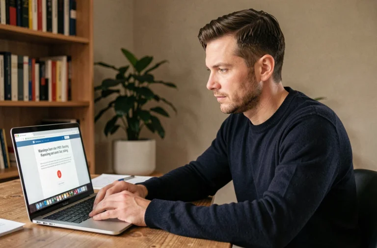 Homme consultant un avertissement de sécurité sur Firefox dans un bureau à domicile