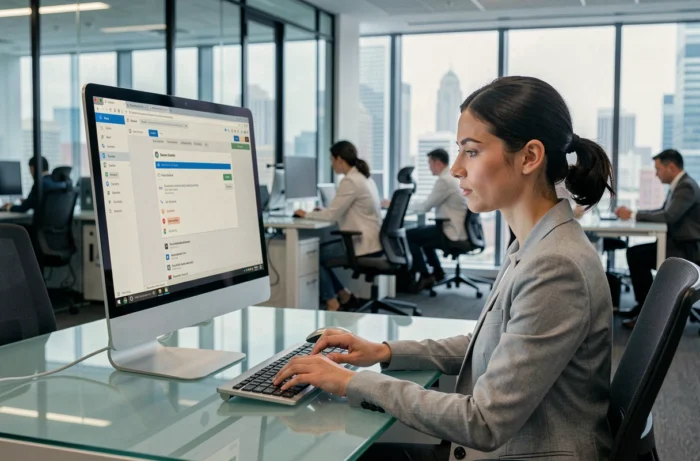 Femme accédant à sa messagerie Numericable en toute sécurité depuis un bureau professionnel en open space