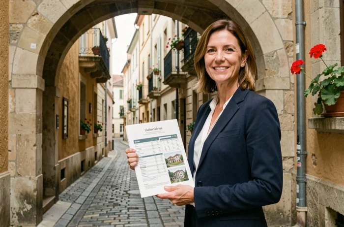 Agent immobilière tenant un rapport d'estimation devant une traboule historique du quartier Croix-Rousse à Lyon