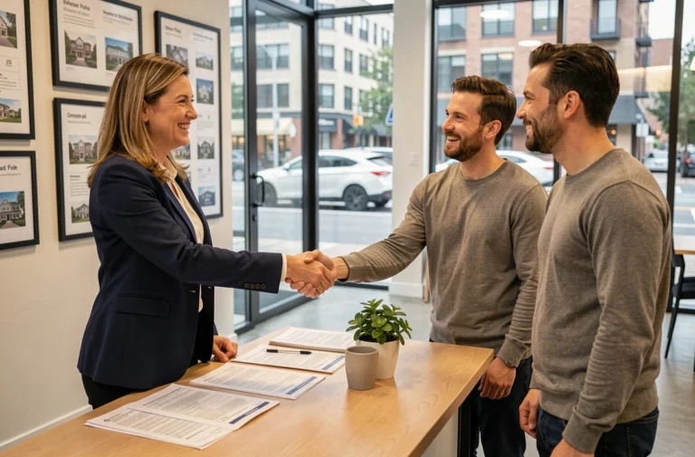 Agent immobilier professionnel signant un contrat de location avec un couple de locataires dans une agence moderne