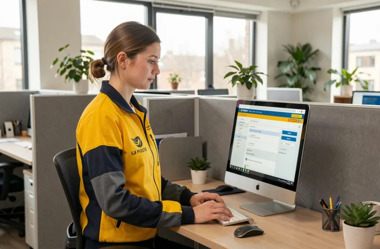 Agente La Poste en uniforme consultant son espace habillement sur un ordinateur de bureau au travail