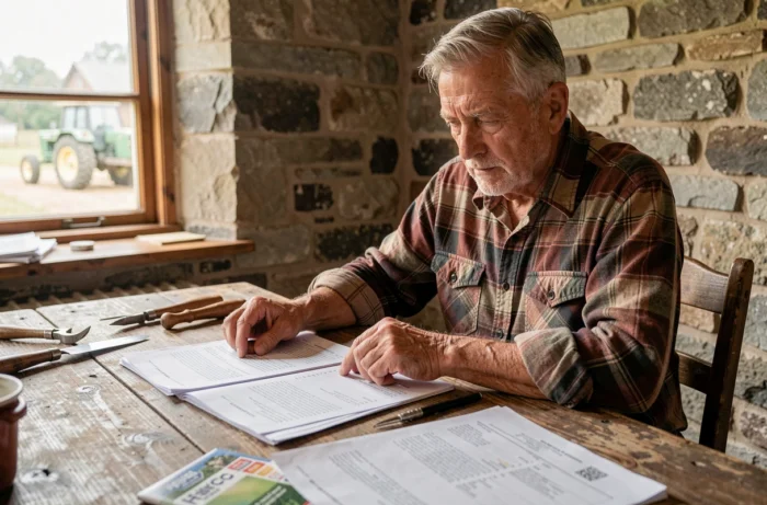 Agriculteur expérimenté étudiant des documents administratifs agricoles dans une ferme rurale, illustrant les implications professionnelles de l'activité agricole