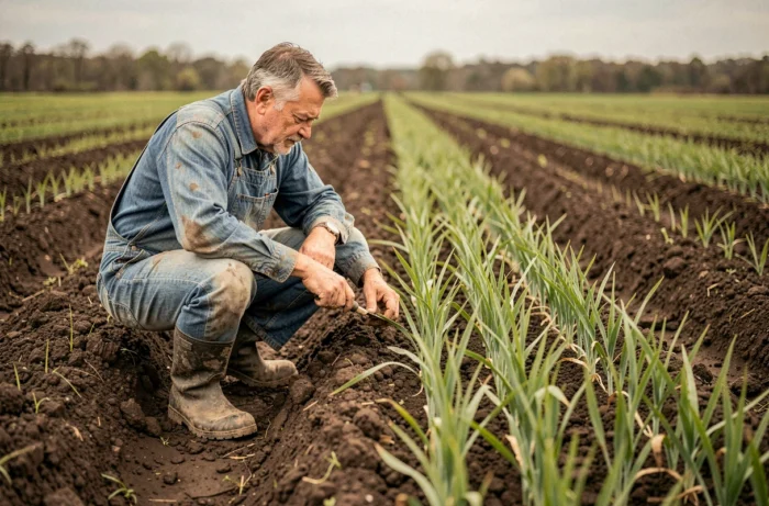Agriculteur inspectant des pousses de blé dans un champ cultivé au printemps, illustrant l'activité agricole professionnelle