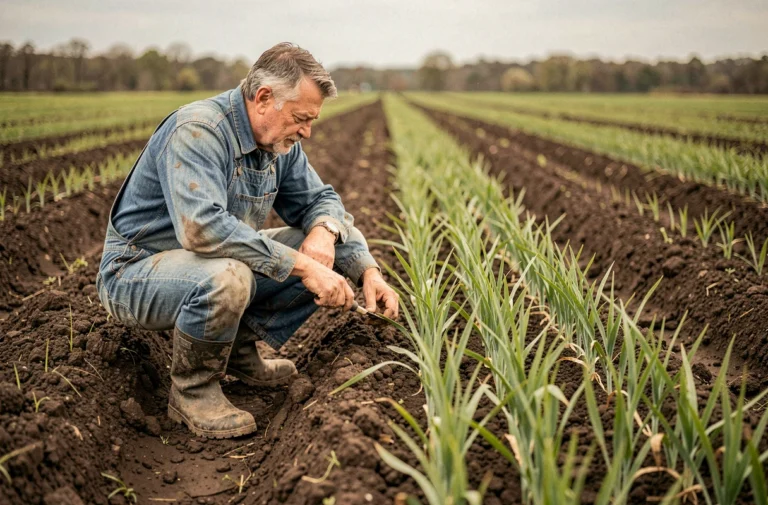 Agriculteur inspectant des pousses de blé dans un champ cultivé au printemps, illustrant l'activité agricole professionnelle