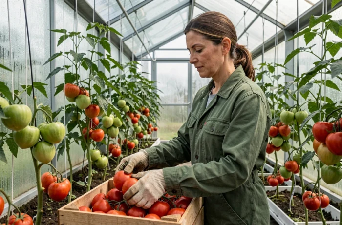 Agricultrice récoltant des tomates mûres dans une serre commerciale, représentant une activité agricole en production horticole