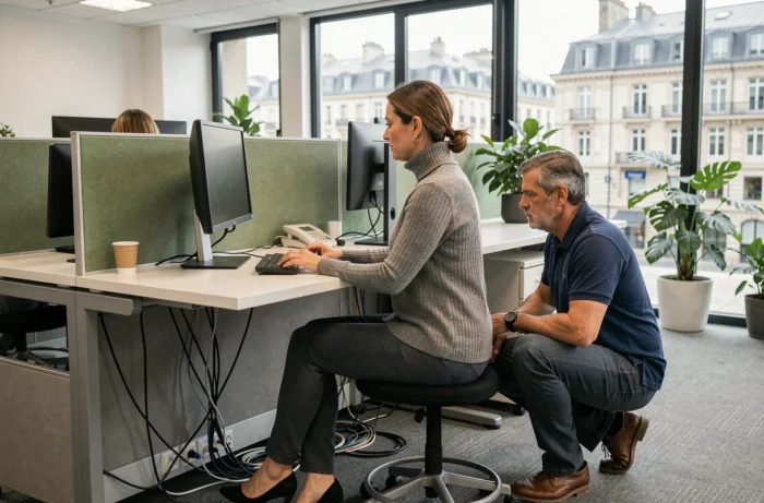 Une employée configurant son poste de travail dans un bureau nouvellement aménagé à Lyon avec l'aide d'un technicien informatique