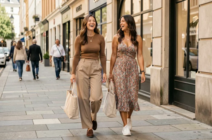 Deux amies en tenues tendances et confortables marchant et riant ensemble sur un trottoir urbain lors d'une sortie shopping