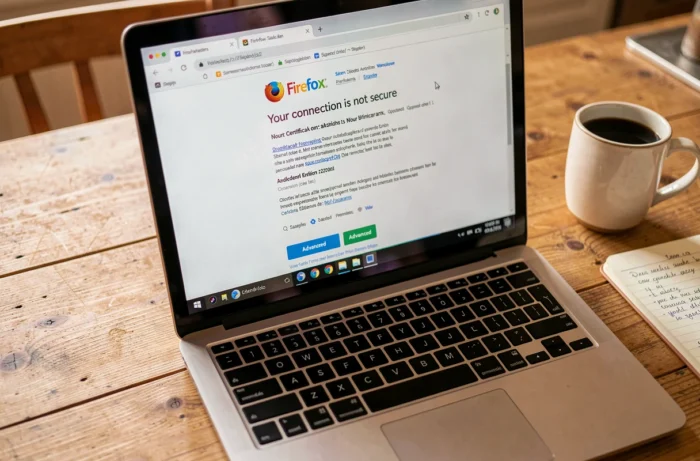 Écran Firefox affichant un avertissement de connexion non sécurisée sur un ordinateur portable posé sur une table