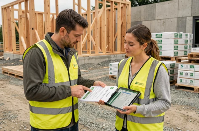 Deux professionnels du bâtiment consultant un guide de certification environnementale sur un chantier de construction responsable