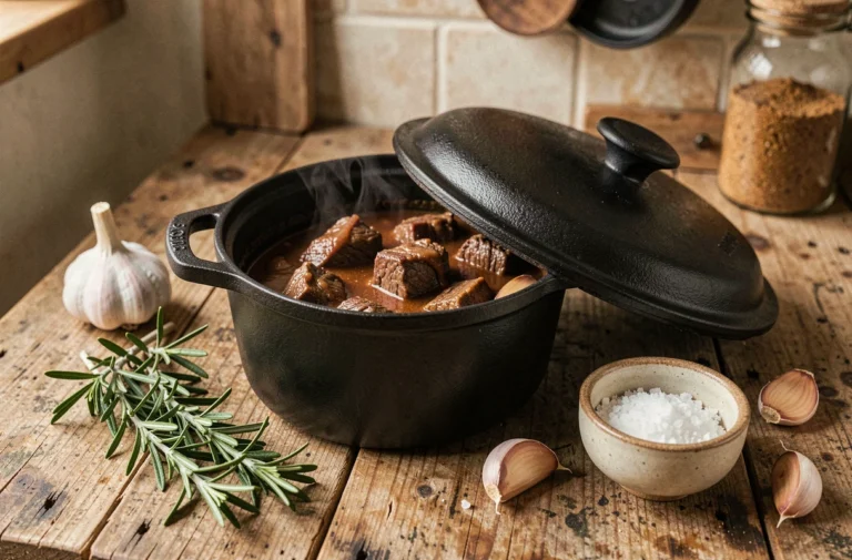 Cocotte en fonte émaillée noire posée sur un plan de travail en bois avec des herbes fraîches et un ragoût de bœuf mijoté, ambiance cuisine rustique française