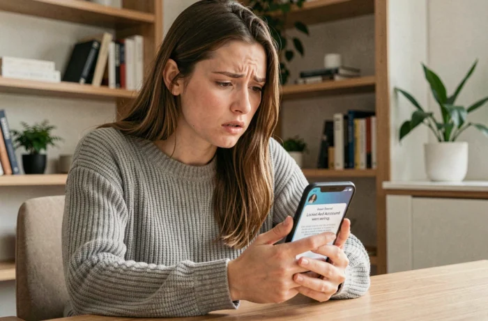 Jeune femme frustrée regardant son smartphone affichant un message de compte Instagram bloqué