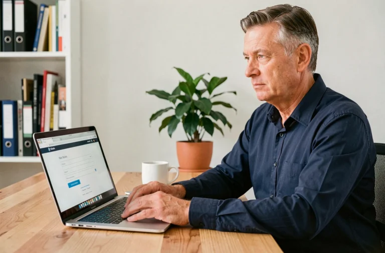 Homme connecté à sa messagerie webmail Numericable sur un ordinateur portable dans un bureau à domicile