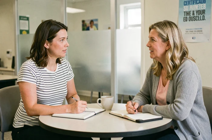 Entretien de conseil en reconversion professionnelle entre deux femmes dans un centre de formation aux métiers de la petite enfance