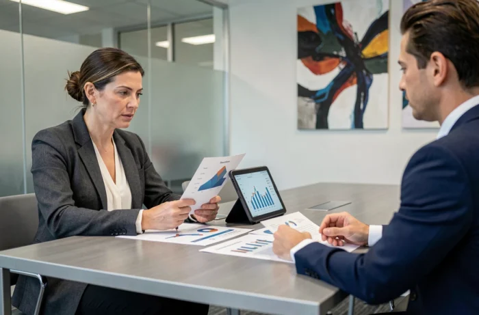 Femme en blazer rencontrant un conseiller financier autour de graphiques patrimoniaux dans une salle de réunion professionnelle
