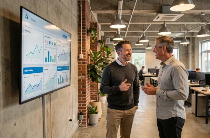 Deux conseillers en développement commercial discutant de tableaux de bord de performance devant un écran de données