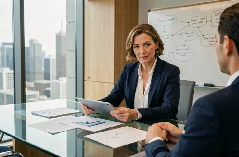 Consultante en stratégie d'entreprise analysant des graphiques de croissance lors d'une réunion de conseil professionnelle