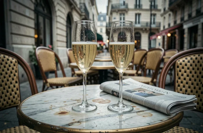 Deux coupes de champagne vides sur une table en marbre d'une terrasse parisienne, symbole d'une relation médiatique révolue
