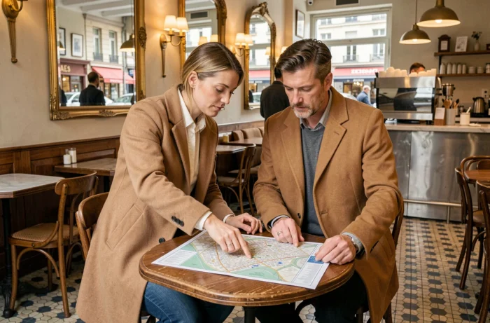 Couple étudiant une carte des prix immobiliers par quartier dans un café typique de la Presqu'île à Lyon