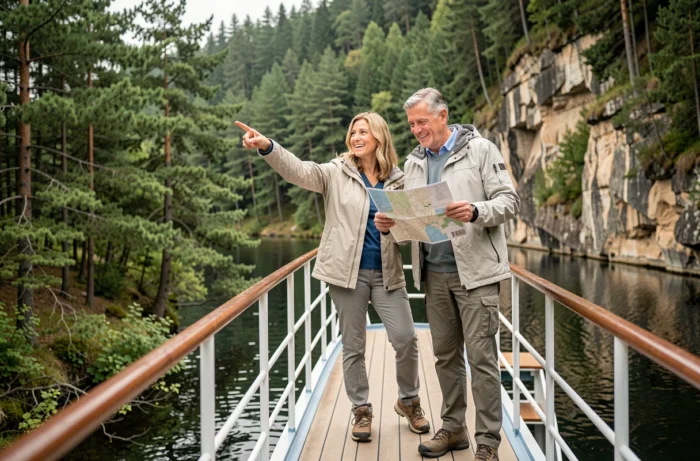 Couple en croisière fluviale dans le Parc naturel régional des Vosges du Nord, observant les falaises de grès rouge bordant le canal