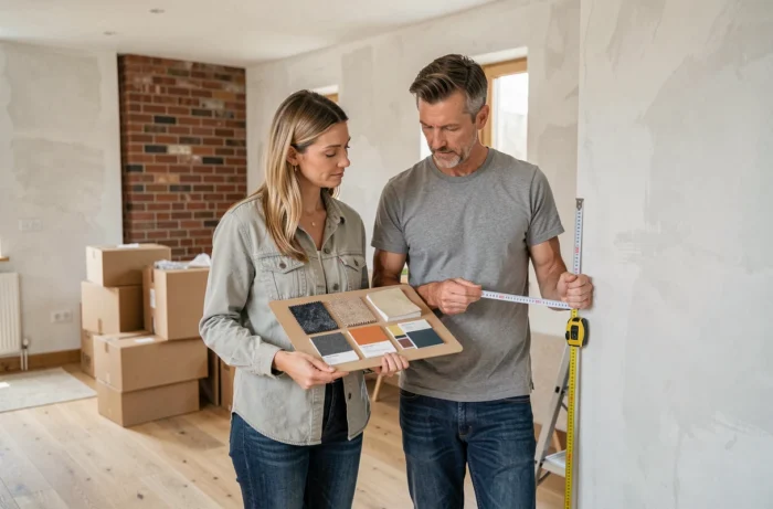 Couple planifiant la décoration d'un appartement rénové avec des échantillons de matériaux et un mètre ruban