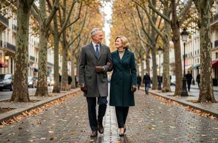 Couple élégant se promenant dans une avenue parisienne en automne, évoquant une relation discrète et complice