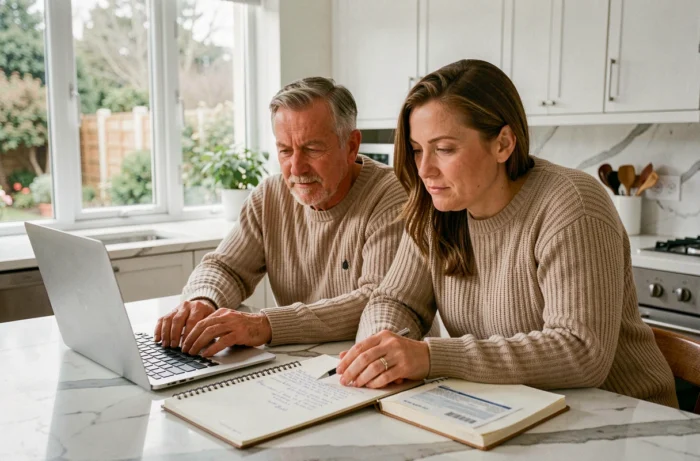 Couple en pull planifiant leur budget familial sur un ordinateur portable avec des notes manuscrites sur un comptoir en marbre