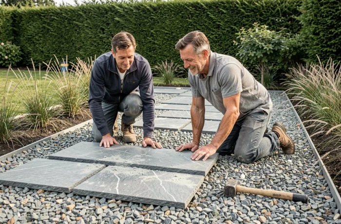 Couple posant des dalles en pierre naturelle pour créer une allée de jardin aménagée