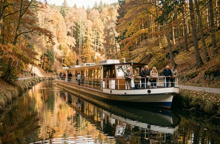 Bateau de croisière fluviale amarré sur un canal alsacien près de La Petite Pierre en automne, entouré de forêts aux couleurs dorées