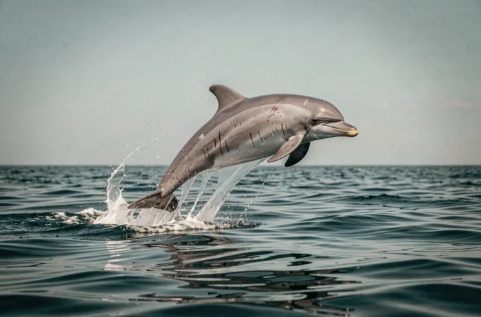 Dauphin sauvage bondissant hors de l'océan avec des gouttelettes d'eau gelées en plein vol, photographie animalière réaliste en pleine mer