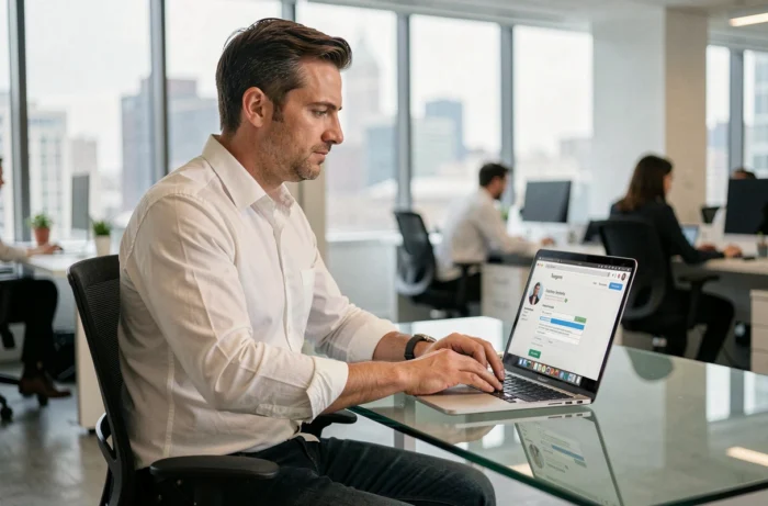Homme consultant le centre d'aide Instagram sur un ordinateur portable pour débloquer son compte