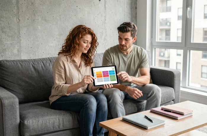 Deux personnes consultant ensemble le plan du site Movie Création sur une tablette dans un salon contemporain