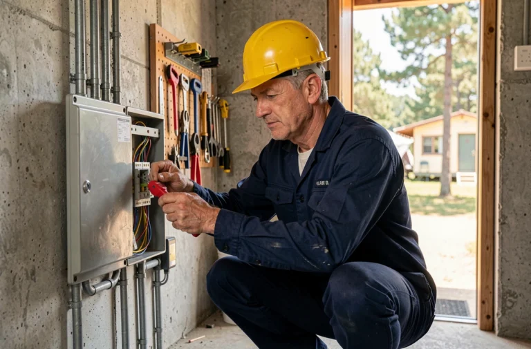 Électricien professionnel inspectant un tableau électrique dans un bâtiment technique de camping