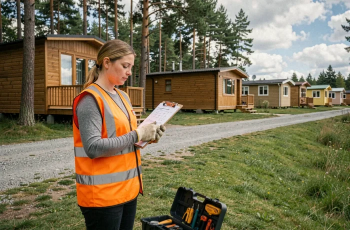 Électricienne consultant un schéma électrique sur un terrain de camping en plein air