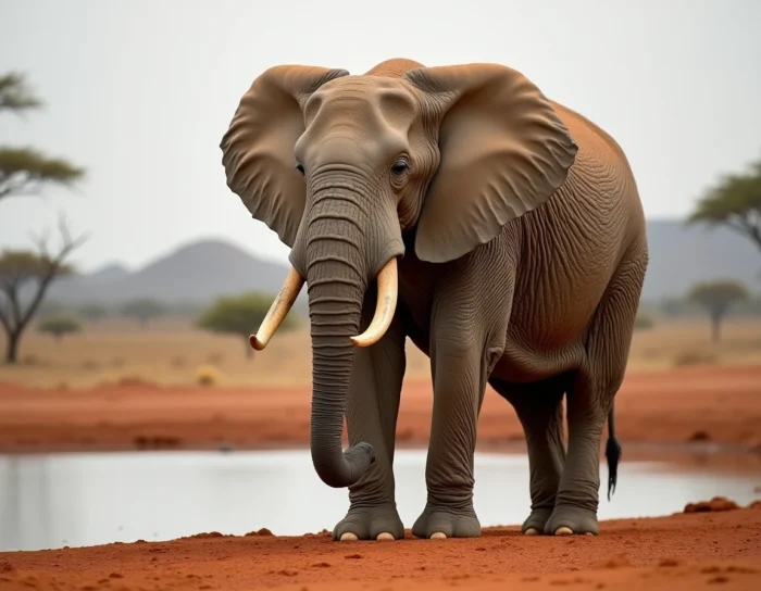 Éléphant mâle africain au point d'eau dans la savane, peau ridée et défenses imposantes, photographie naturaliste grand format