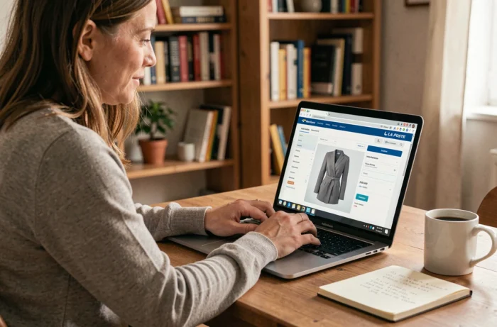 Employée La Poste accédant à son espace habillement en ligne depuis son domicile sur un ordinateur portable