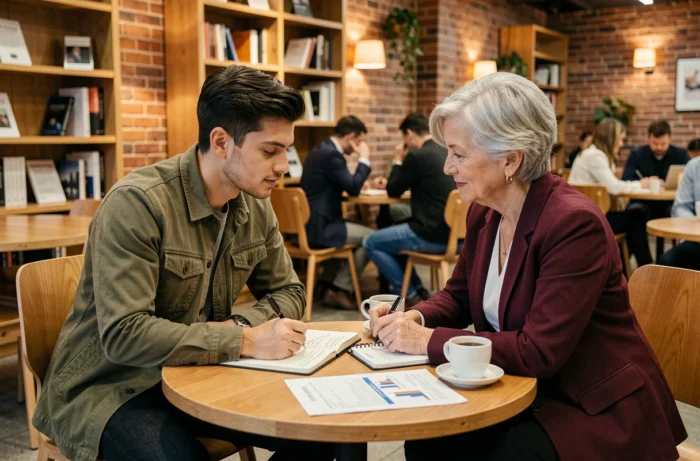 Jeune entrepreneur consultant un conseiller senior autour d'un plan de développement dans un espace de coworking
