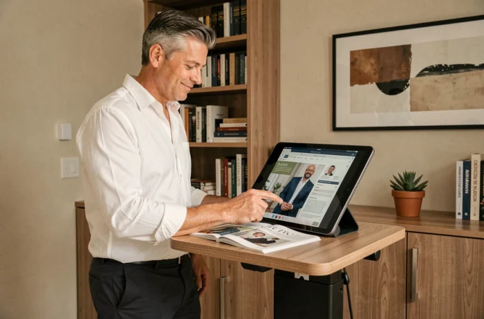 Entrepreneur consultant son magazine en ligne depuis son bureau à domicile pour optimiser la stratégie de croissance de son entreprise en 2026