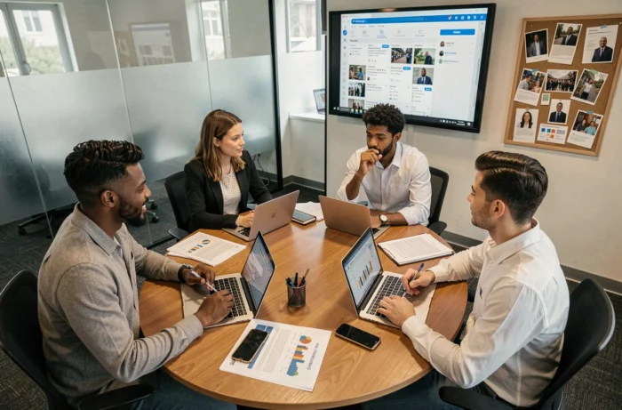 Équipe d'une agence digitale en réunion de stratégie autour d'un tableau de bord de campagne sur écran de projection