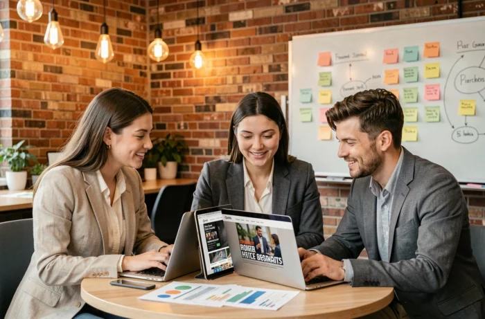 Équipe de jeunes professionnels collaborant autour d'un magazine en ligne pour développer la croissance de leur entreprise dans un espace de coworking moderne