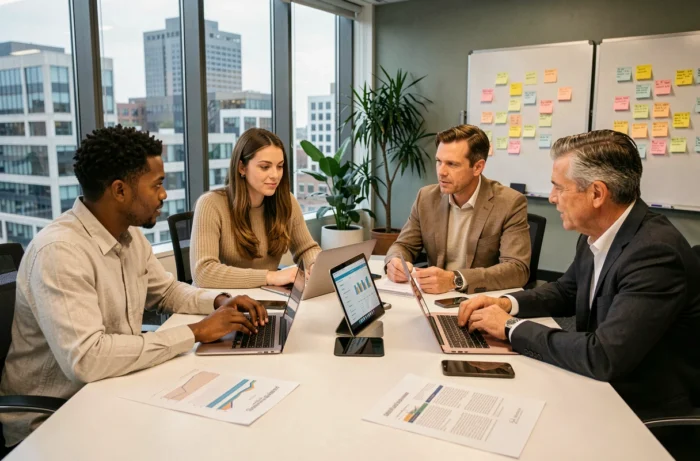 Équipe diverse collaborant autour d'une table de réunion sur une stratégie de communication d'entreprise en ligne