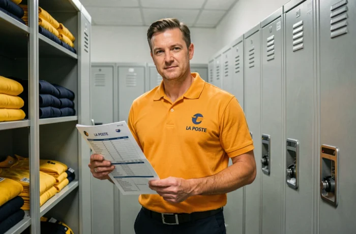 Facteur La Poste consultant un catalogue de commande de tenues dans une vestiaire d'entreprise