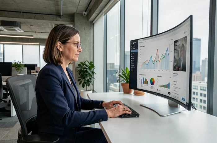 Femme d'affaires analysant la croissance de son entreprise grâce à un magazine en ligne sur un écran moderne dans un bureau contemporain