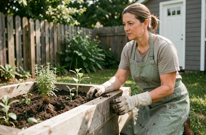 Femme aménageant un carré potager en bois dans un jardin suburban avec des plants d'herbes aromatiques