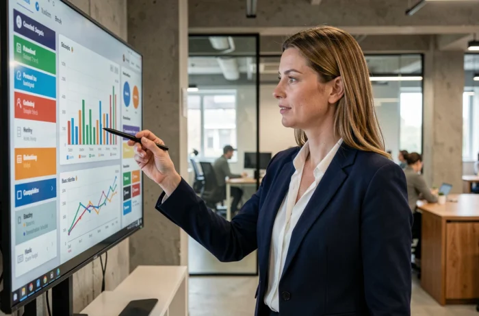 Femme professionnelle présentant des solutions de communication digitale sur un écran interactif dans un bureau moderne