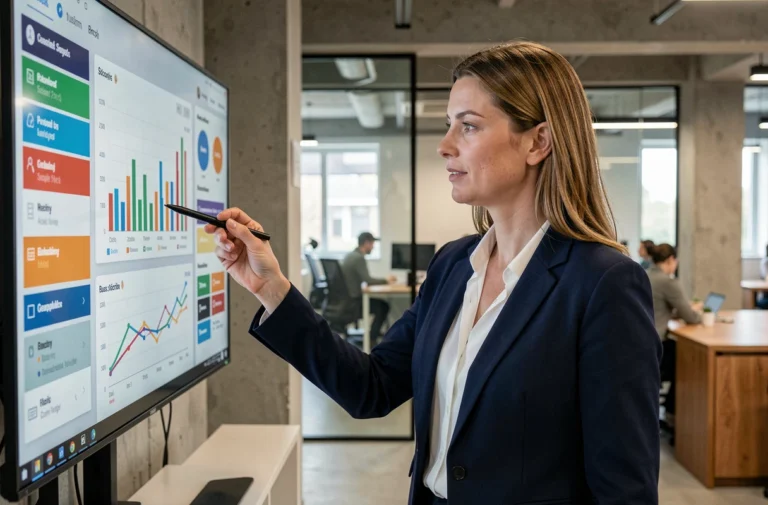 Femme professionnelle présentant des solutions de communication digitale sur un écran interactif dans un bureau moderne