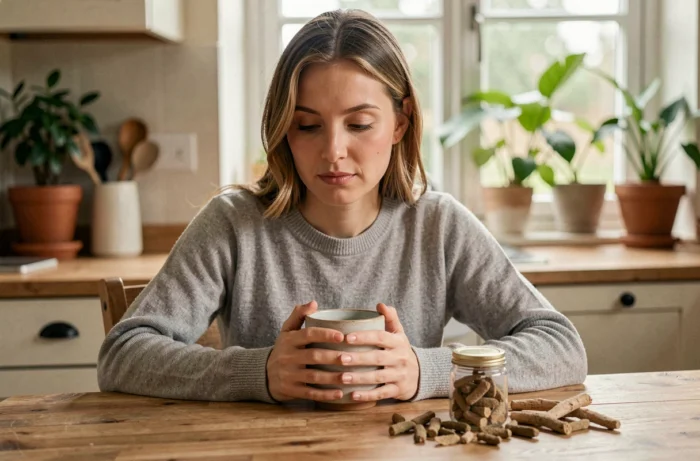 Femme sereine tenant une tasse avec des compléments alimentaires anti-stress naturels posés sur une table en bois