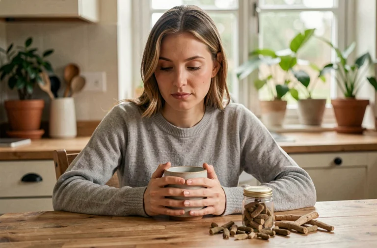 Femme sereine tenant une tasse avec des compléments alimentaires anti-stress naturels posés sur une table en bois