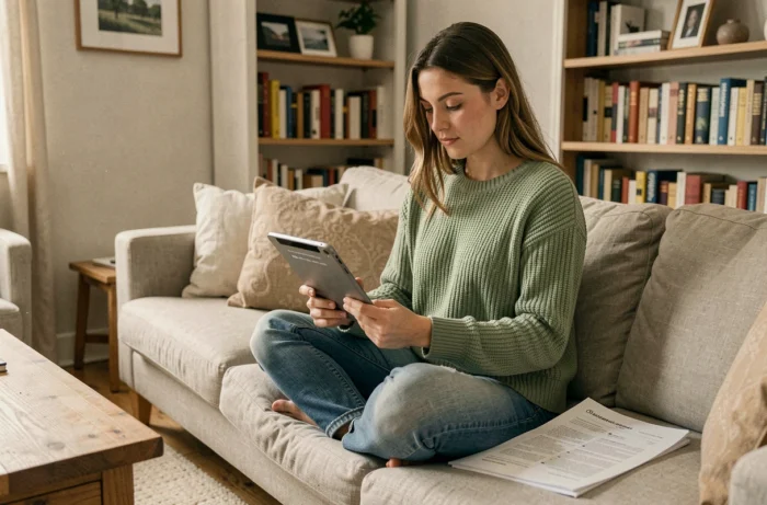 Jeune femme naviguant sur un site web avec un plan de site imprimé dans un salon cosy