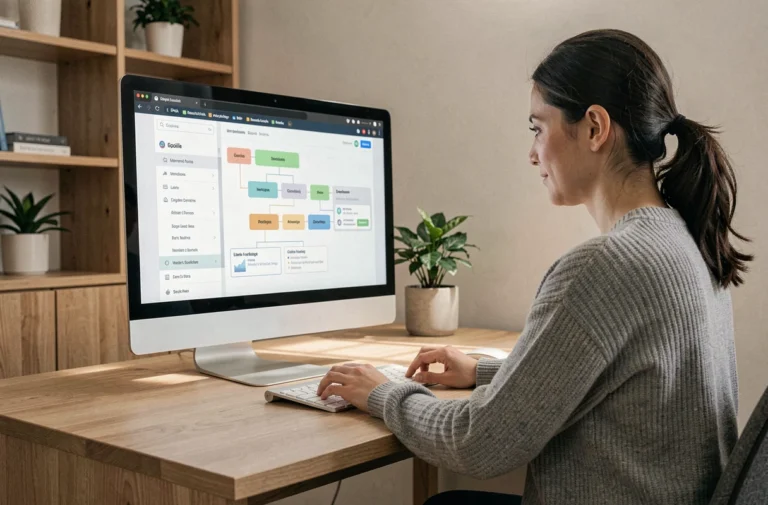 Femme consultant le plan du site Movie Création sur un écran d'ordinateur dans un bureau moderne