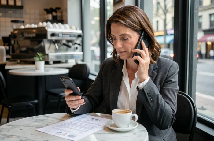 Femme professionnelle comparant des offres d'emploi sur smartphone avec son CV dans un café urbain